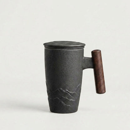 Grey thermal mug with wood handle on white background