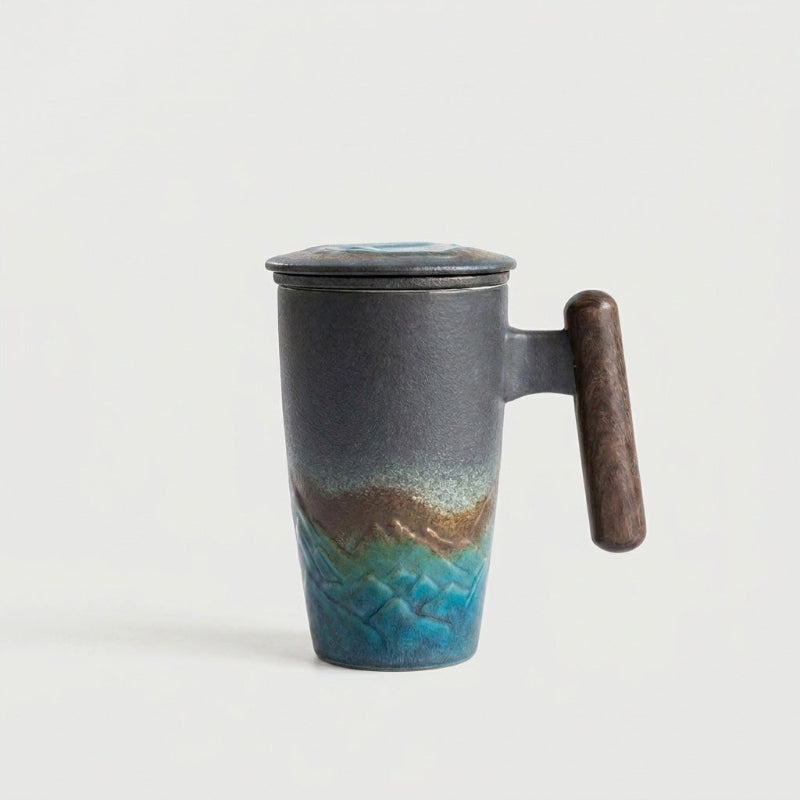 Thermal mug with wood handle on white background