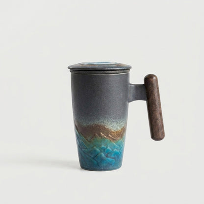 Thermal mug with wood handle on white background