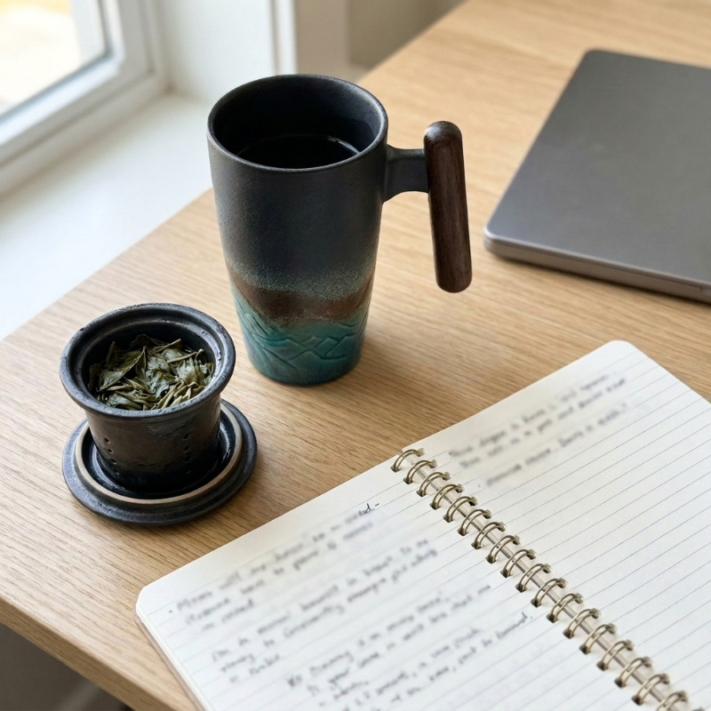 Thermal mug with wood handle and infuser beside notebook and tea cup
