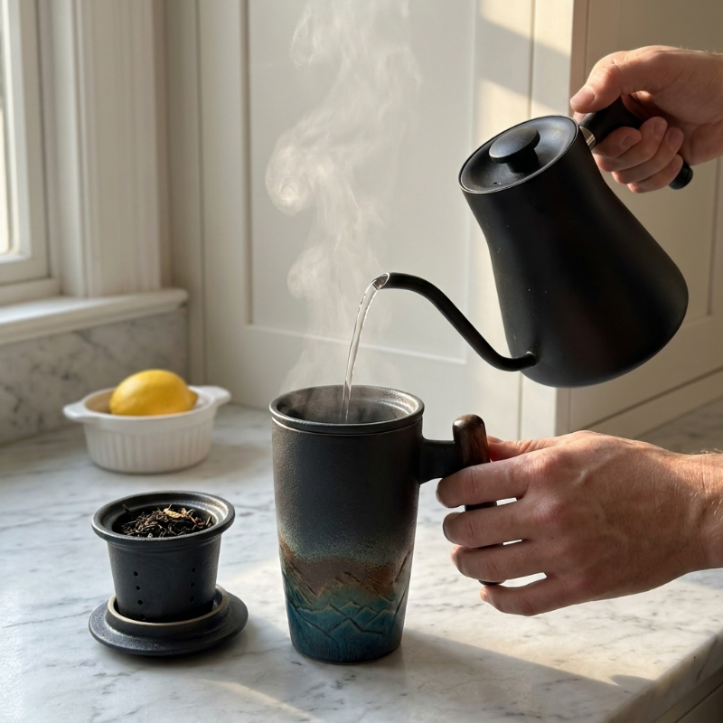 Thermal mug with wood handle shown with removable lid and infuser