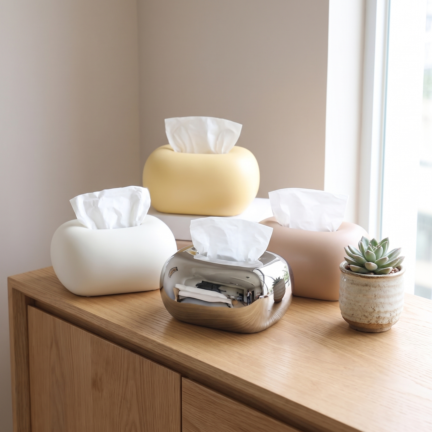 Silver, white, yellow and tan ceramic tissue box covers grouped on a wood console with a plant, Kiyo Home