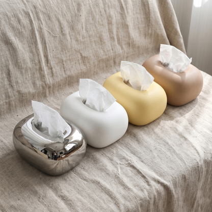 Full color lineup of rounded ceramic tissue box covers in silver, white, yellow and tan, Kiyo Home