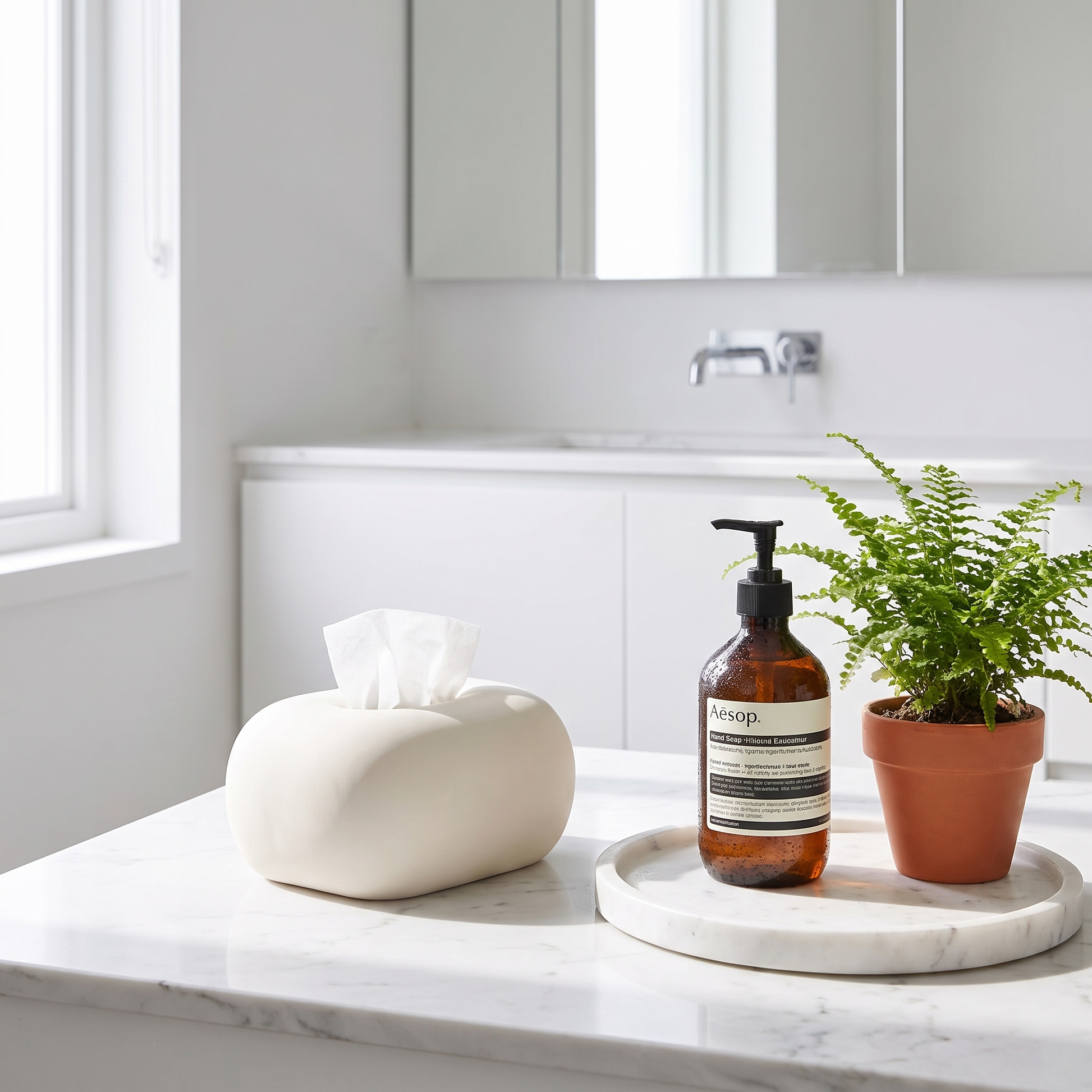 White ceramic tissue box cover on a bathroom vanity with a plant, Kiyo Home
