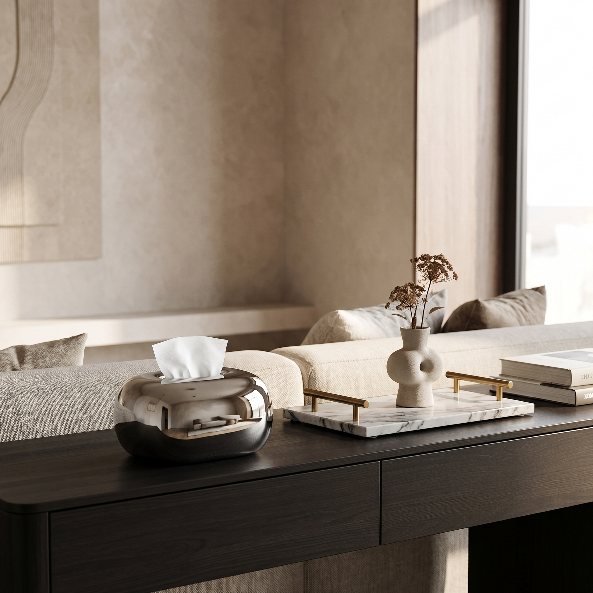 Ceramic tissue box cover styled on a console table, Kiyo Home