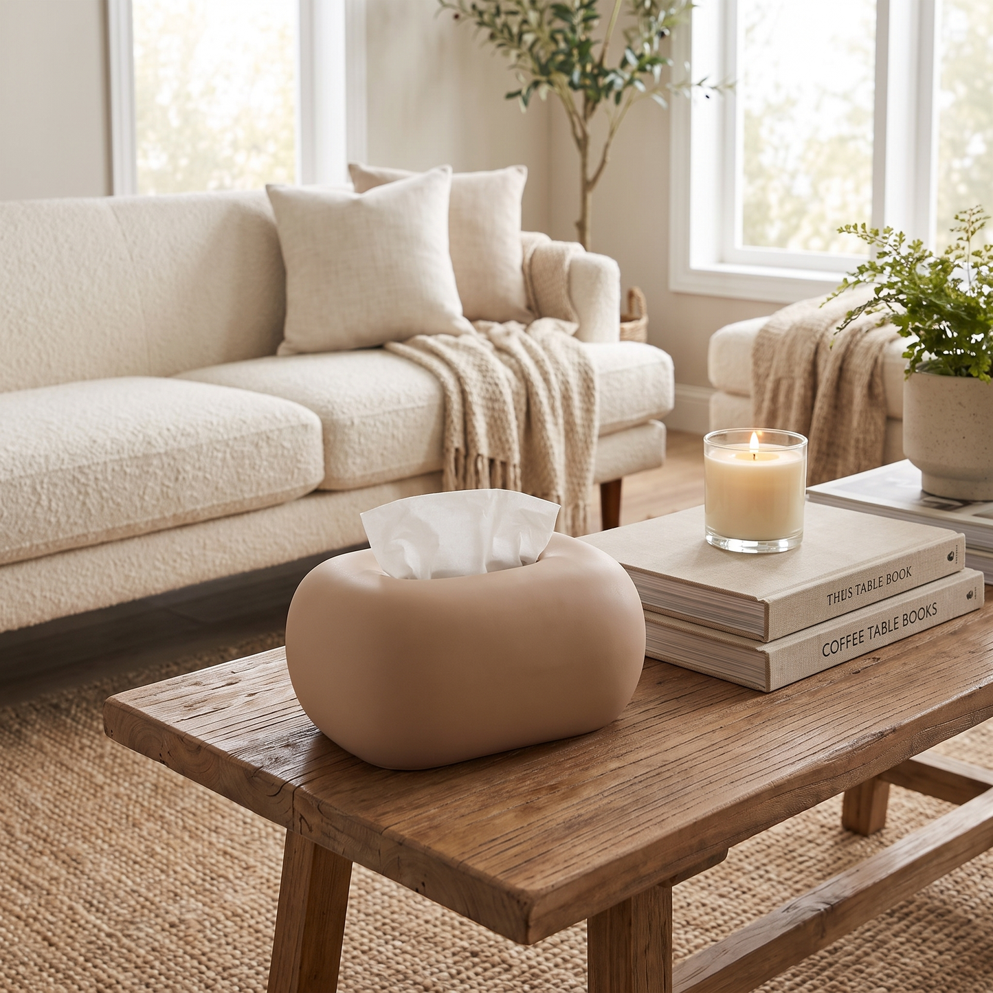 Tan ceramic tissue box cover on a living room coffee table, Kiyo Home