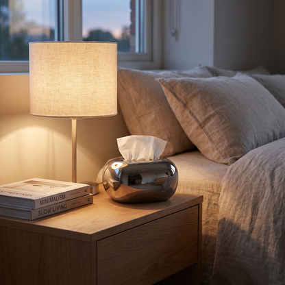 Silver ceramic tissue box cover on a bedroom nightstand with a lamp, Kiyo Home
