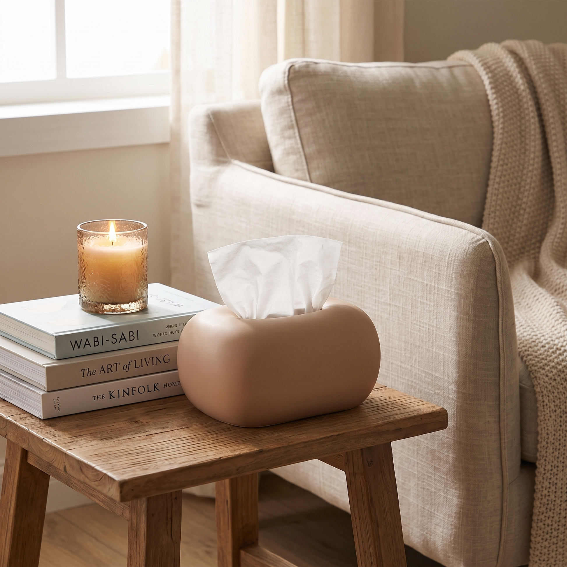Tan ceramic tissue box cover on a side table with books and a candle, Kiyo Home
