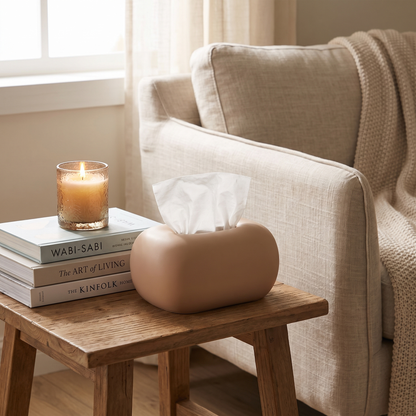 Tan ceramic tissue box cover on a side table with books and a candle, Kiyo Home