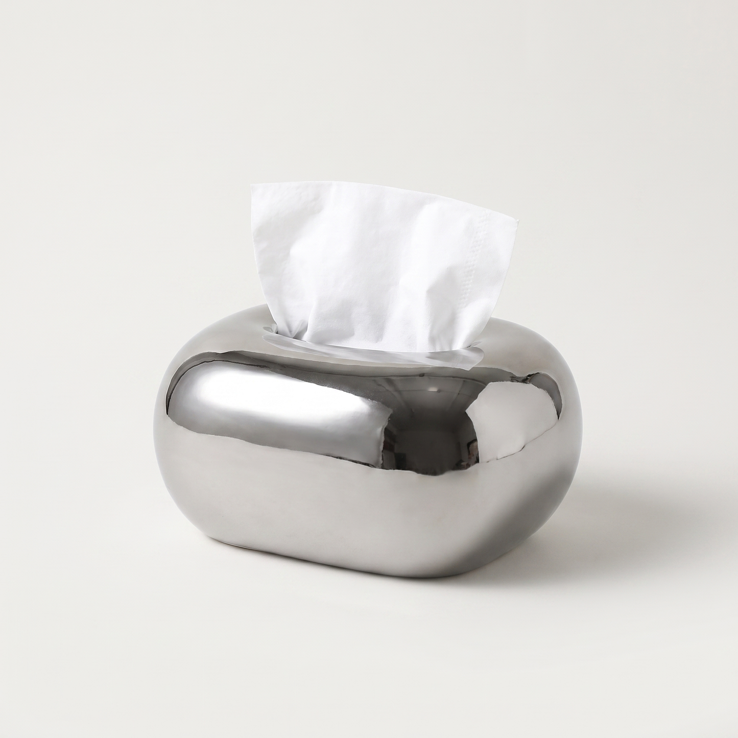 Silver chrome rounded ceramic tissue box cover with tissue, Kiyo Home
