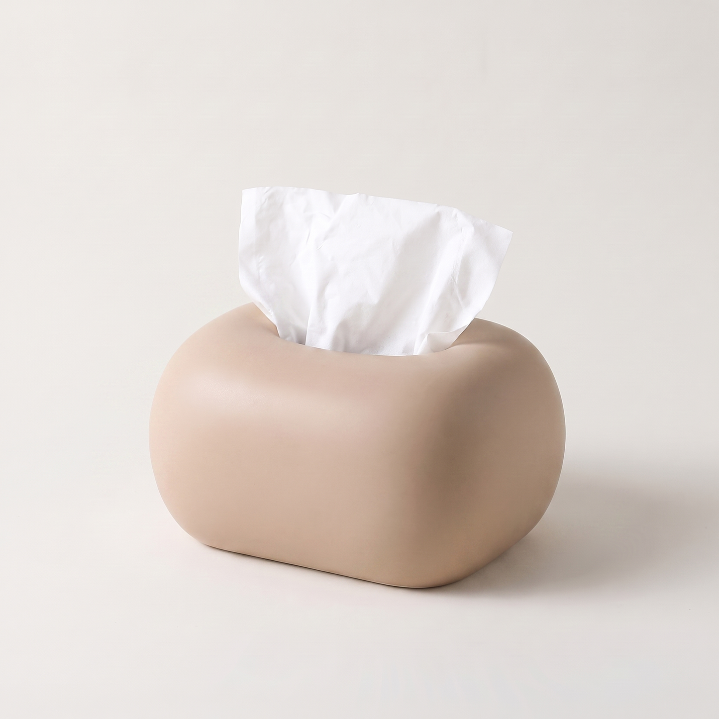 Tan rounded ceramic tissue box cover with tissue, Kiyo Home