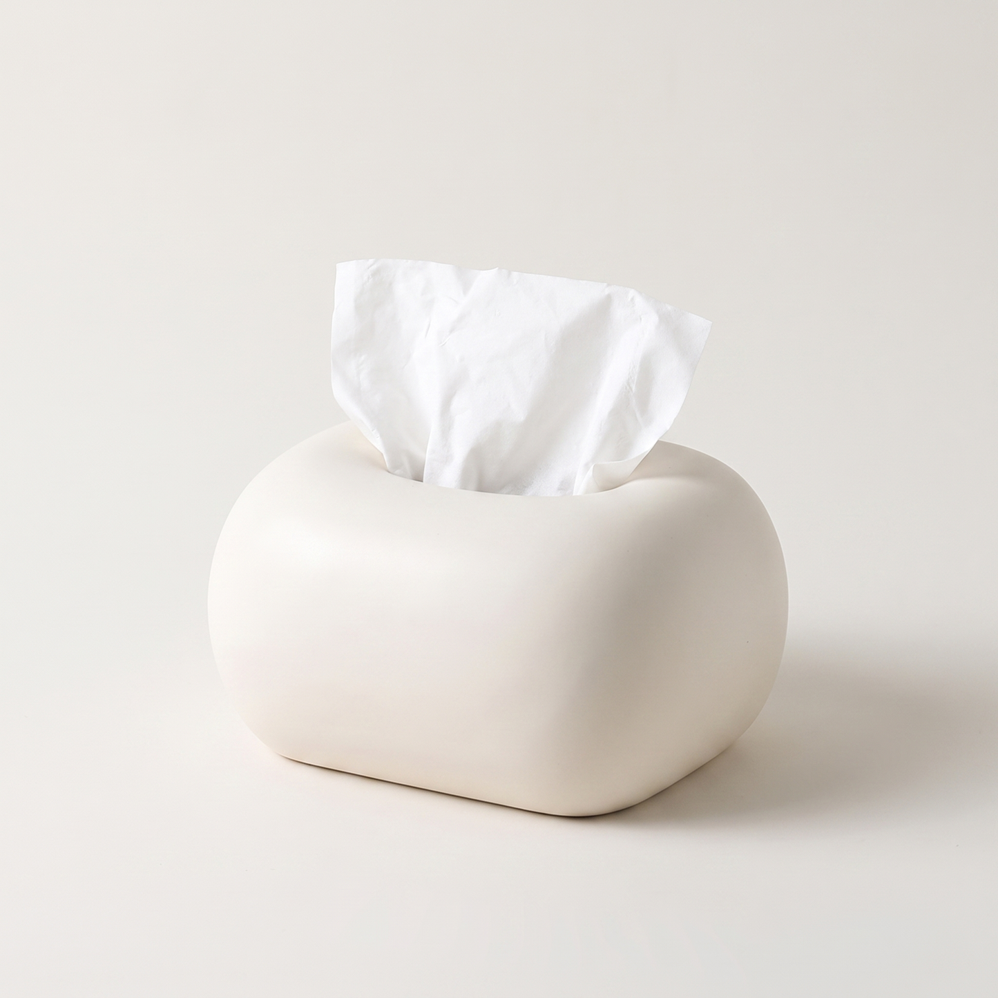 White rounded ceramic tissue box cover with tissue, Kiyo Home