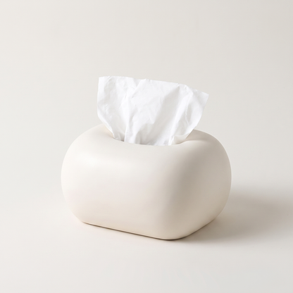 White rounded ceramic tissue box cover with tissue, Kiyo Home