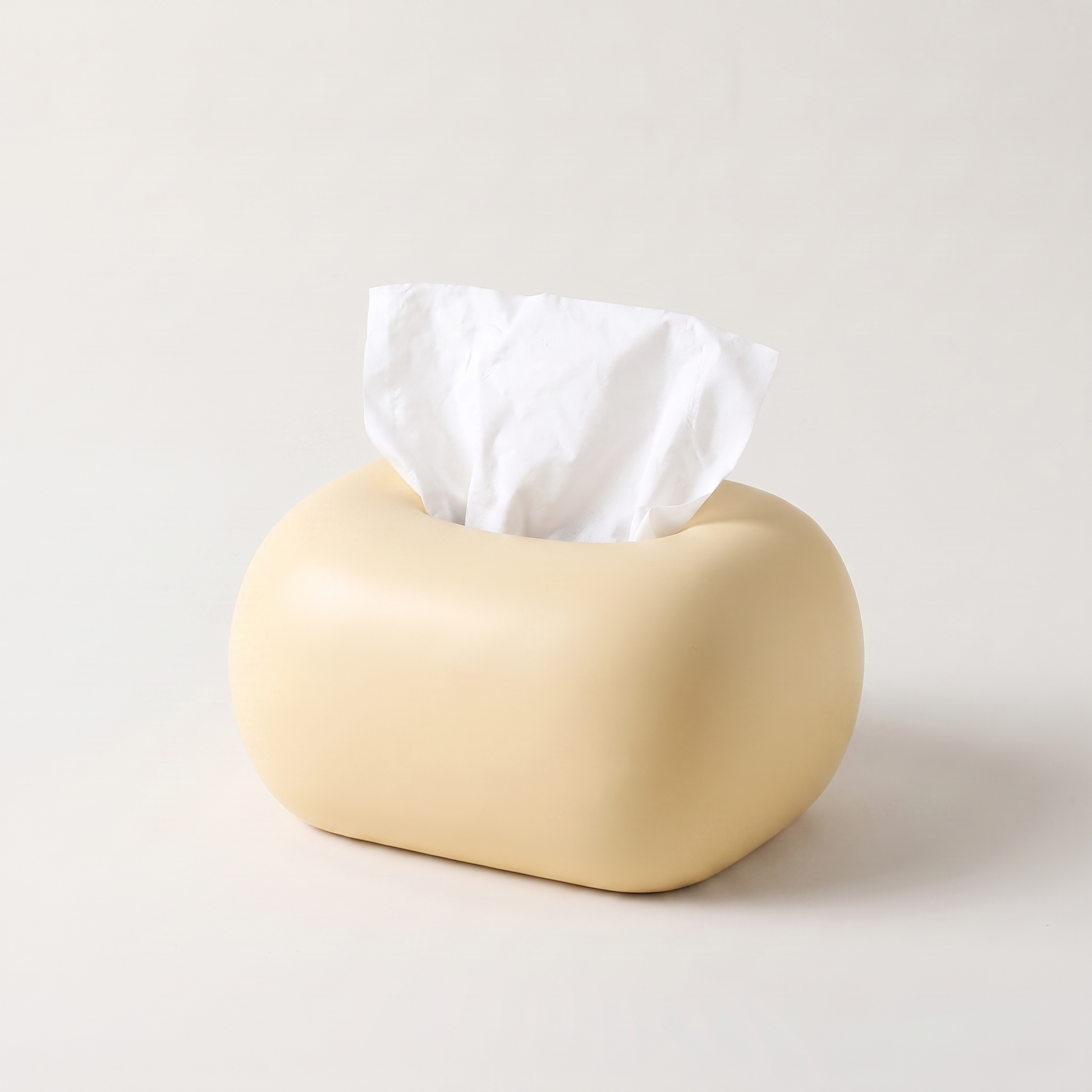 Yellow rounded ceramic tissue box cover with tissue, Kiyo Home