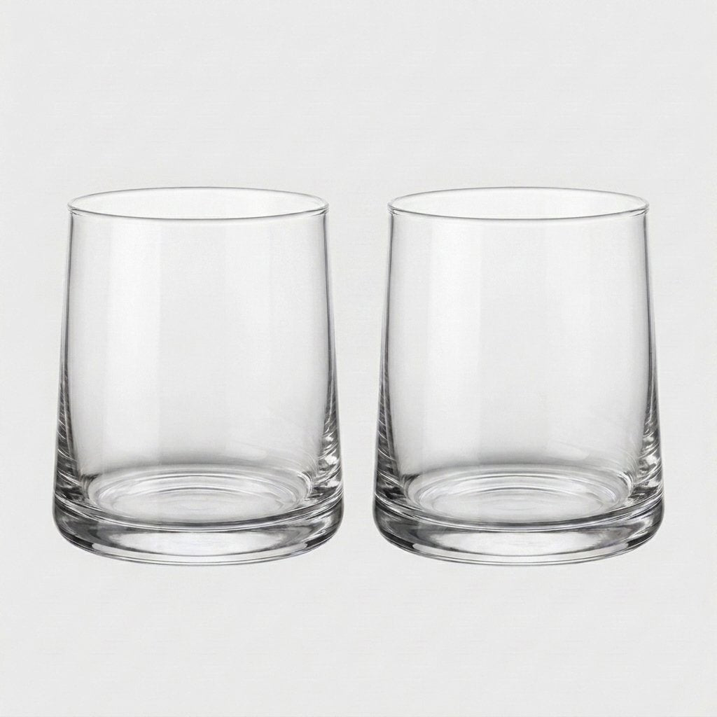 Set of two clear drinking glasses side by side on a light gray background