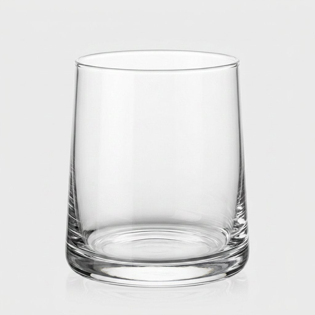 Single clear drinking glass on a light gray background