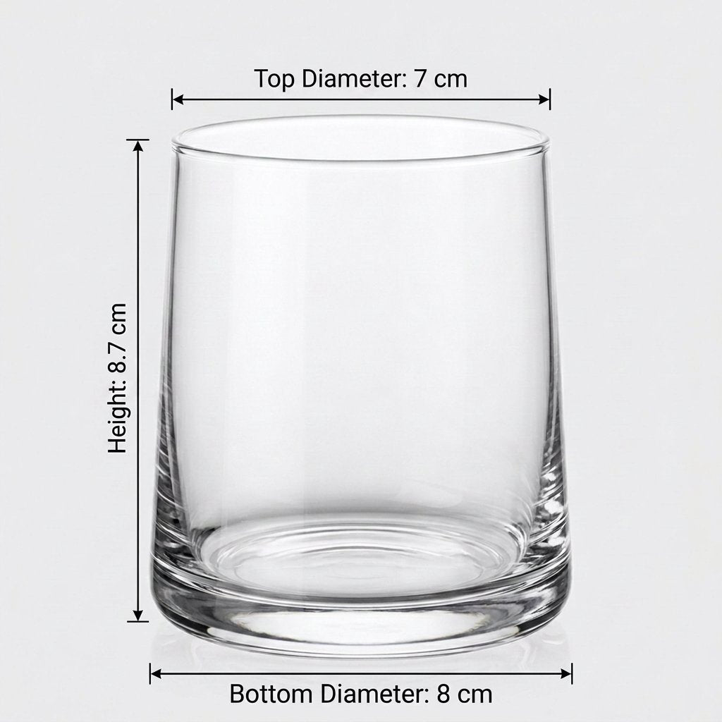 Clear drinking glass with labeled arrows showing its height, top diameter, and bottom diameter