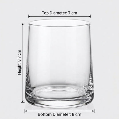 Clear drinking glass with labeled arrows showing its height, top diameter, and bottom diameter
