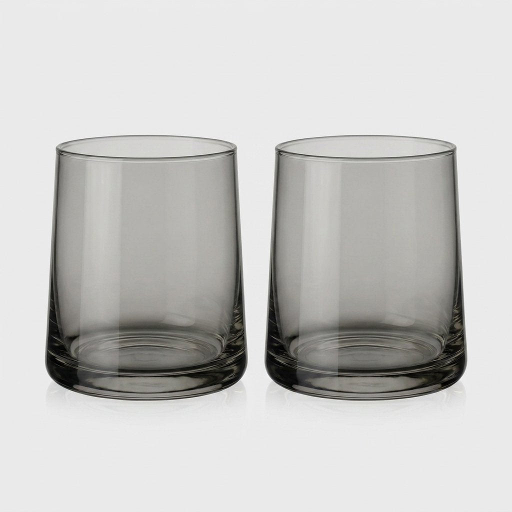 Set of two smoke gray translucent drinking glasses side by side on a light gray background