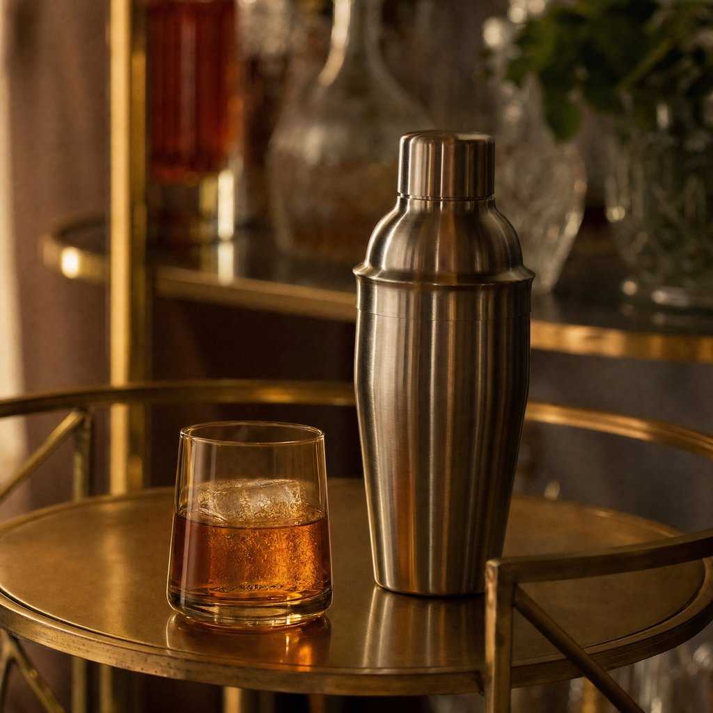 Clear drinking glass of whiskey with a large ice cube on a brass bar cart beside a cocktail shaker
