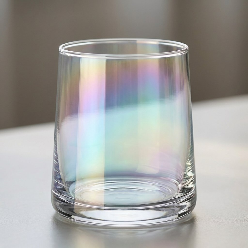 Close-up of an empty iridescent drinking glass with a pink, blue, and teal rainbow sheen on a pale gray counter