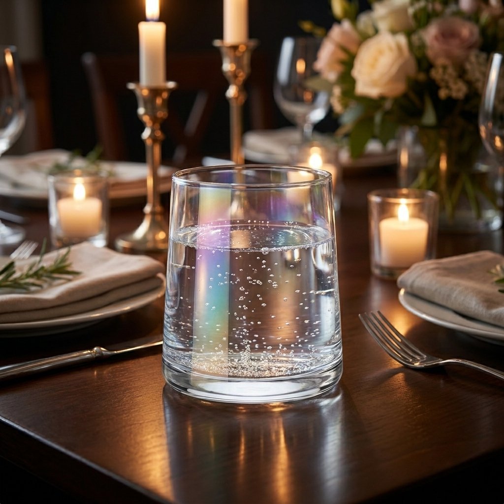 Iridescent drinking glass of sparkling water on a candlelit dinner table with brass candlesticks and roses