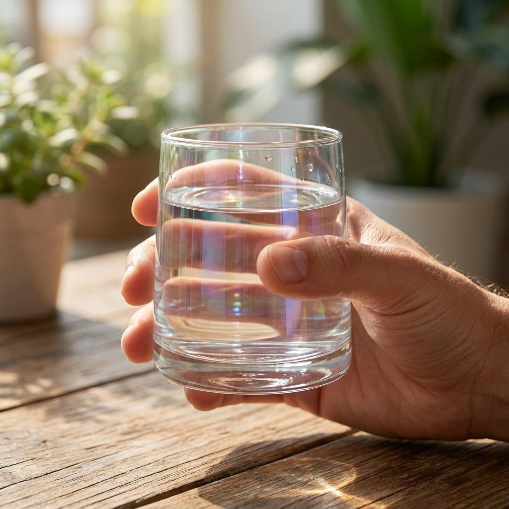 Hand holding a clear iridescent drinking glass half filled with water on a sunlit wooden table