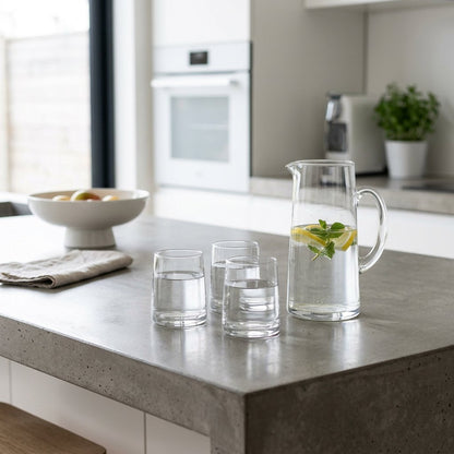 Three clear drinking glasses of water beside a glass pitcher with lemon and mint on a kitchen island