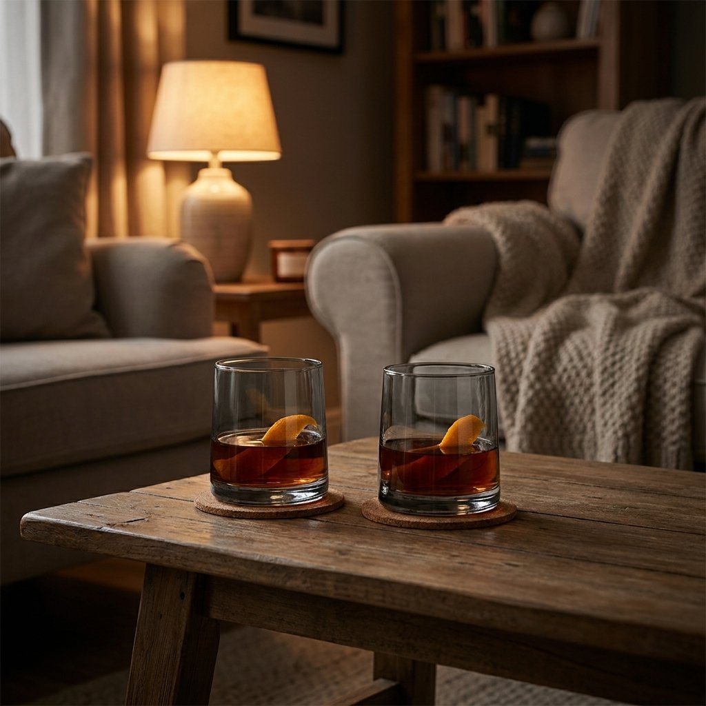 Two clear drinking glasses of whiskey with orange peel on cork coasters on a rustic wooden coffee table
