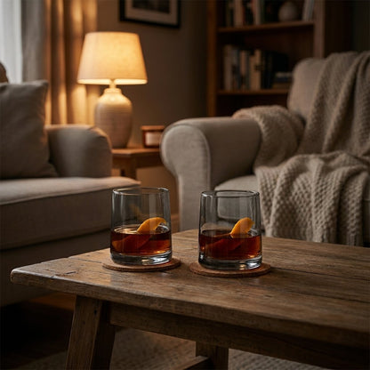 Two clear drinking glasses of whiskey with orange peel on cork coasters on a rustic wooden coffee table