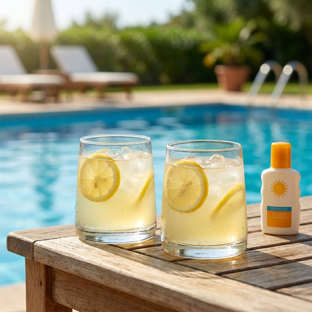 Two clear drinking glasses of lemonade with ice and lemon slices on a wooden table beside a swimming pool