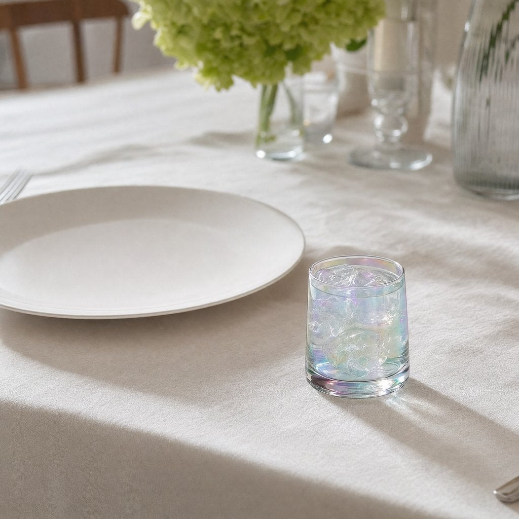 Iridescent drinking glass of ice water on a linen table setting with a cream plate and pale hydrangeas