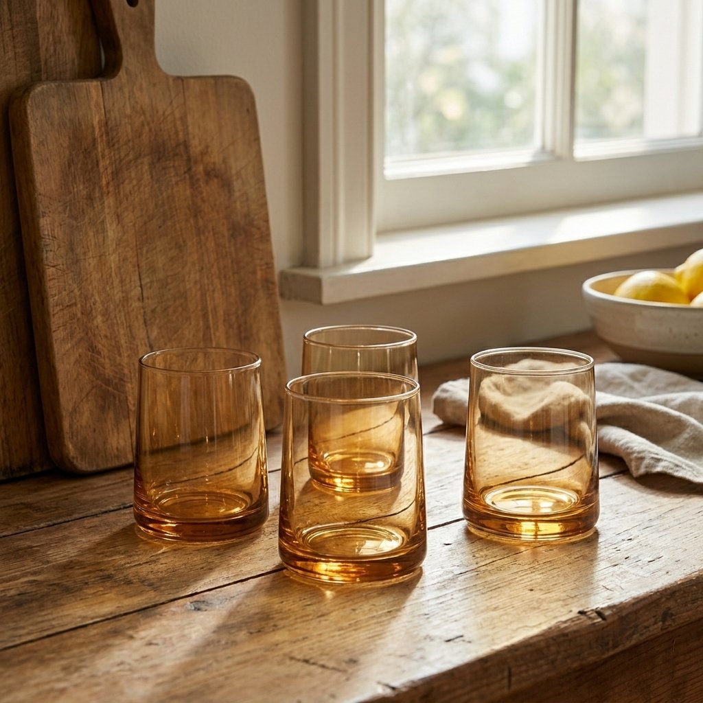Four amber translucent drinking glasses on a rustic wooden windowsill with a cutting board and a bowl of lemons