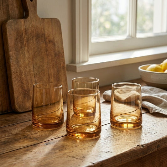 Four amber translucent drinking glasses on a rustic wooden windowsill with a cutting board and a bowl of lemons