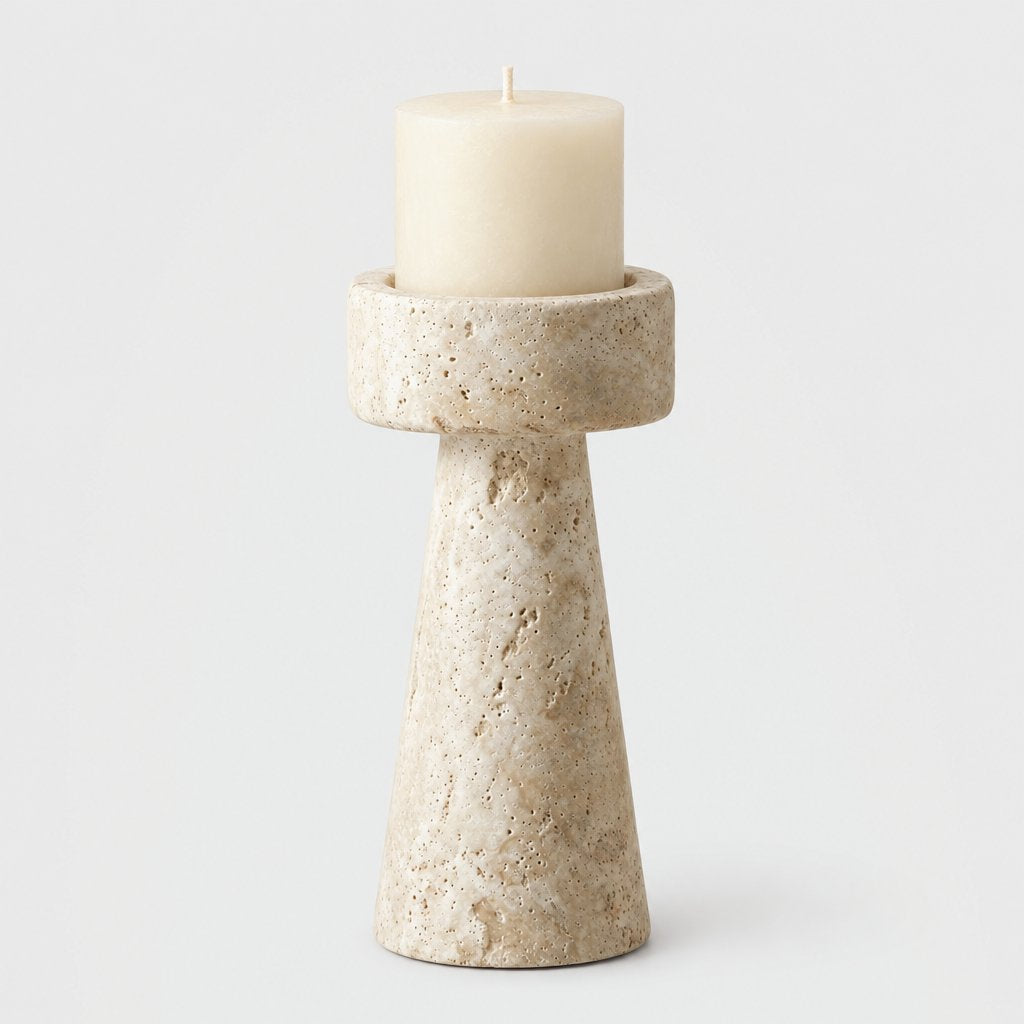 Large cream travertine pillar candleholder with a cream pillar candle on a light grey background