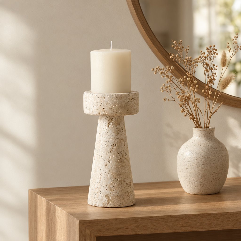 Large travertine pillar candleholder with a cream pillar candle on a wooden console beside a speckled vase with dried stems and a round mirror