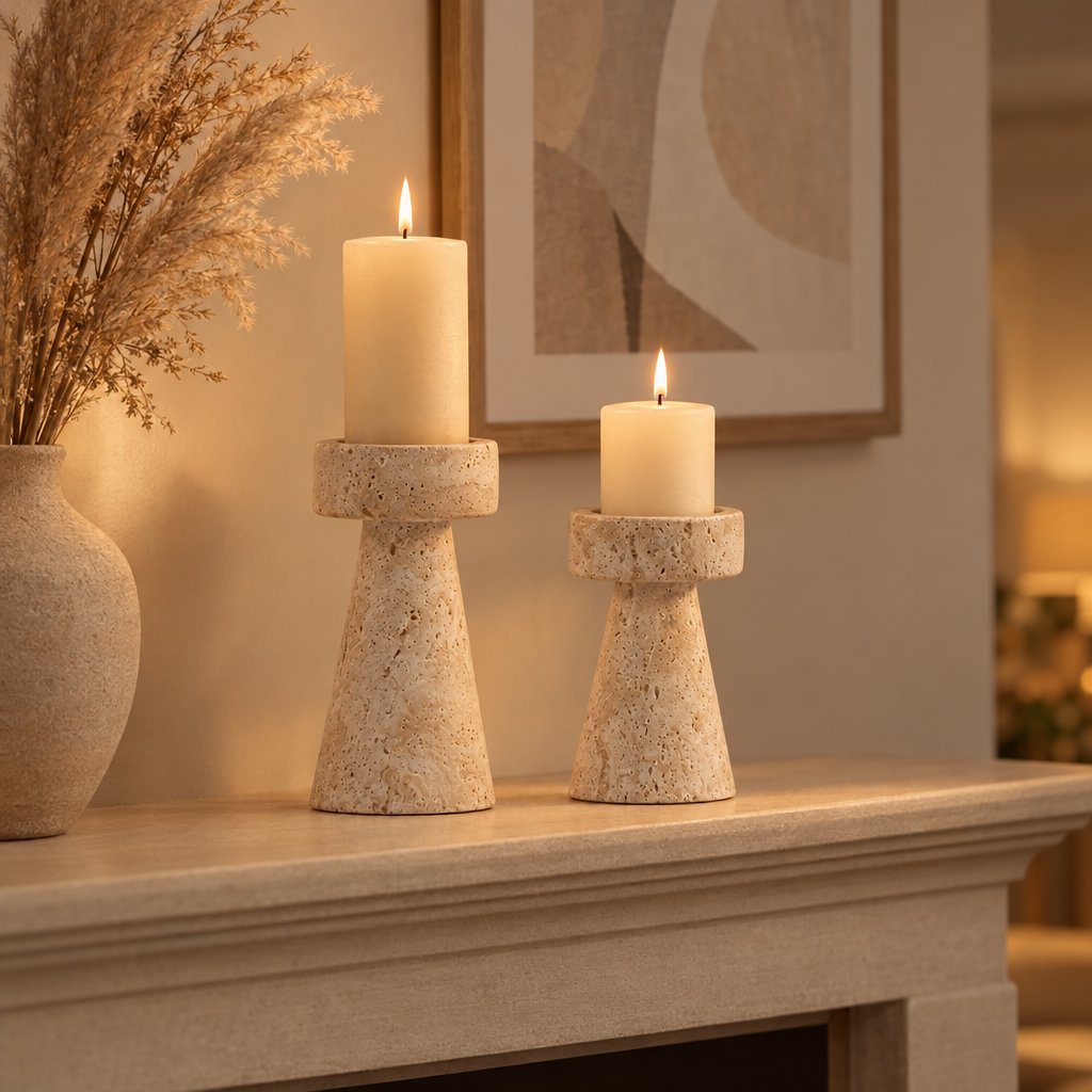 Large and medium travertine pillar candleholders with lit cream candles on a cream mantel beside a stone vase with dried pampas and framed abstract art