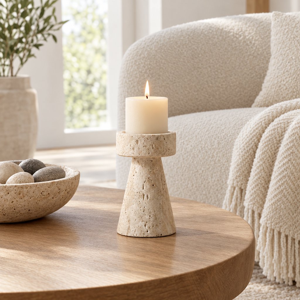 Medium travertine pillar candleholder with a lit candle on a round wood coffee table beside a bowl of stones and a boucle chair with a knit throw