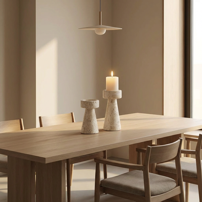 Large travertine pillar candleholder with a lit candle and a shorter travertine holder without a candle on a light wood dining table under a pendant lamp