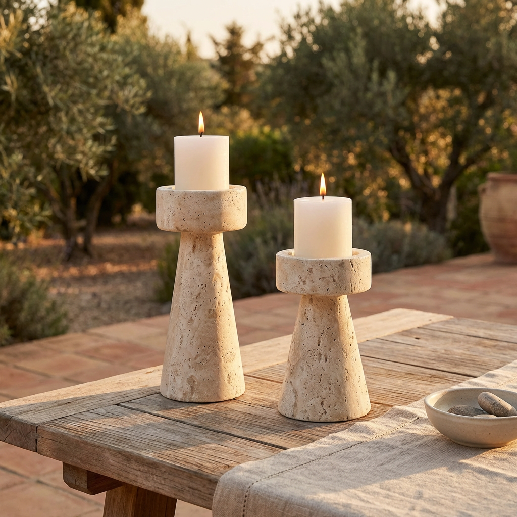 Two travertine pillar candleholders with lit candles on a weathered wood outdoor table beside a stone bowl of pebbles with olive trees behind