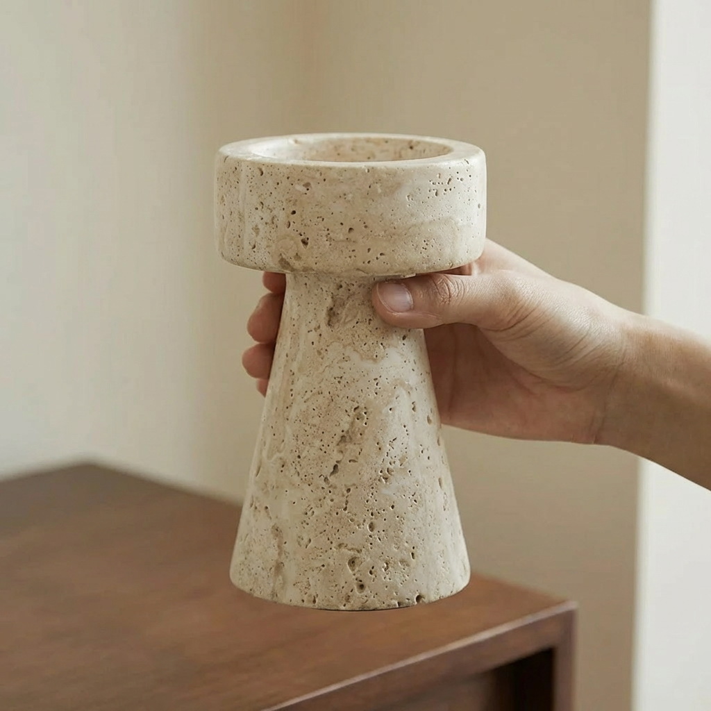 Hand holding a cream travertine pillar candleholder with no candle above a dark wood table