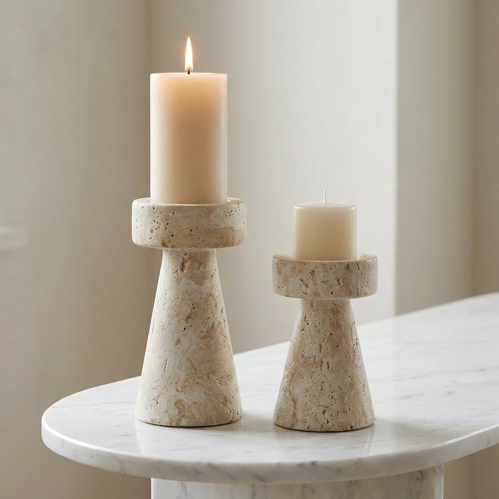 Large travertine pillar candleholder with a lit candle and a medium holder with an unlit candle on a round white marble table