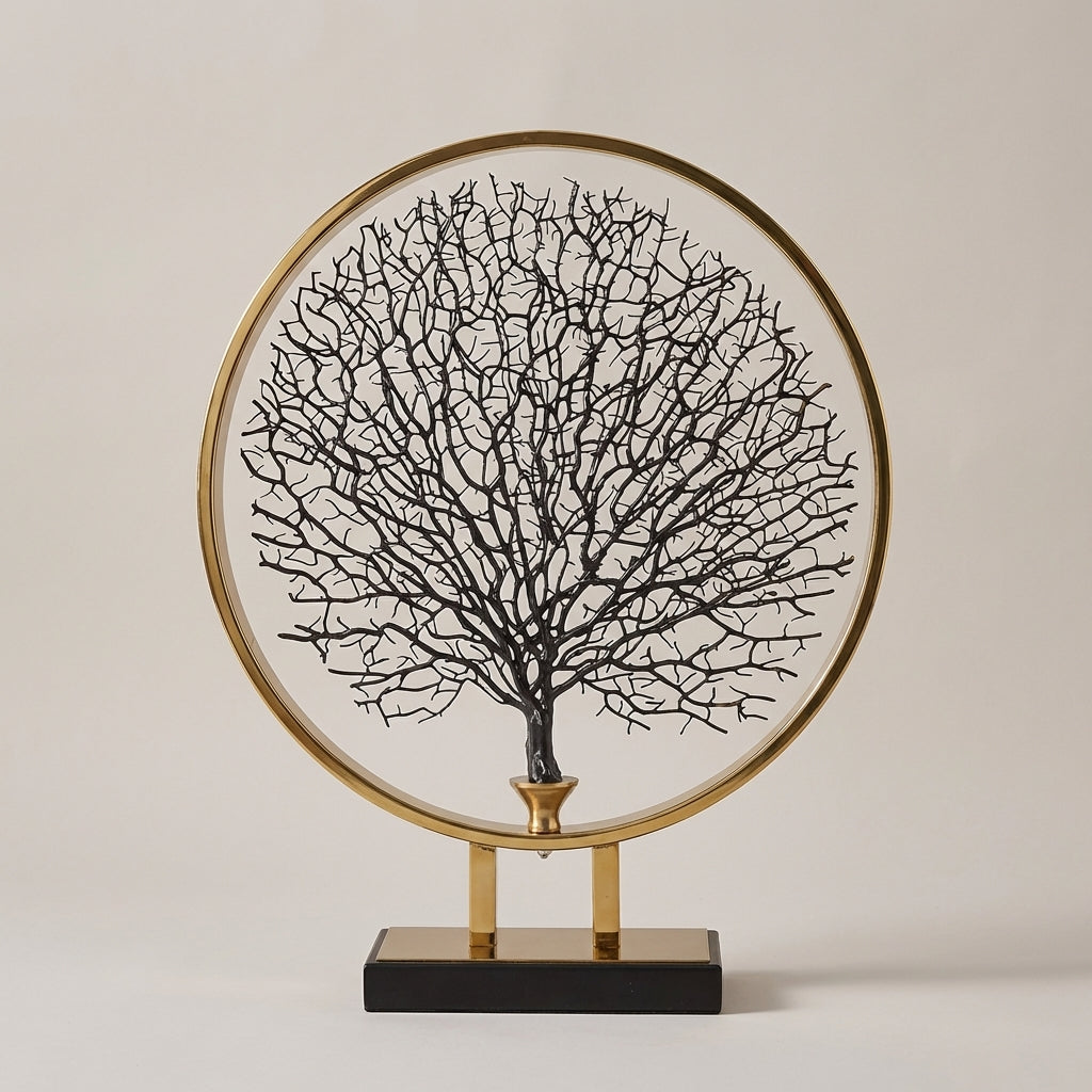 coral sculpture in brass frame modern console decor