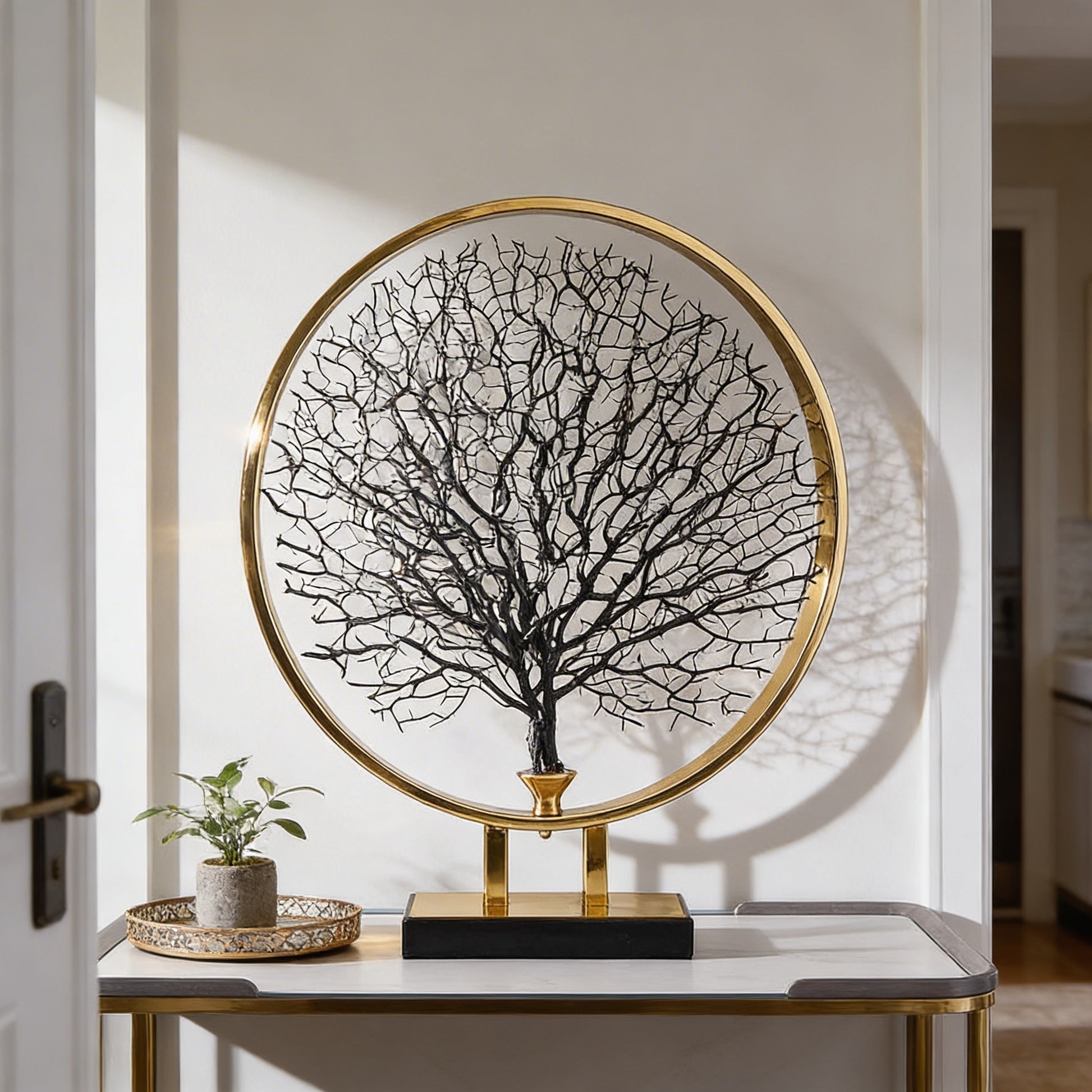 natural coral display sculpture with brass circular frame