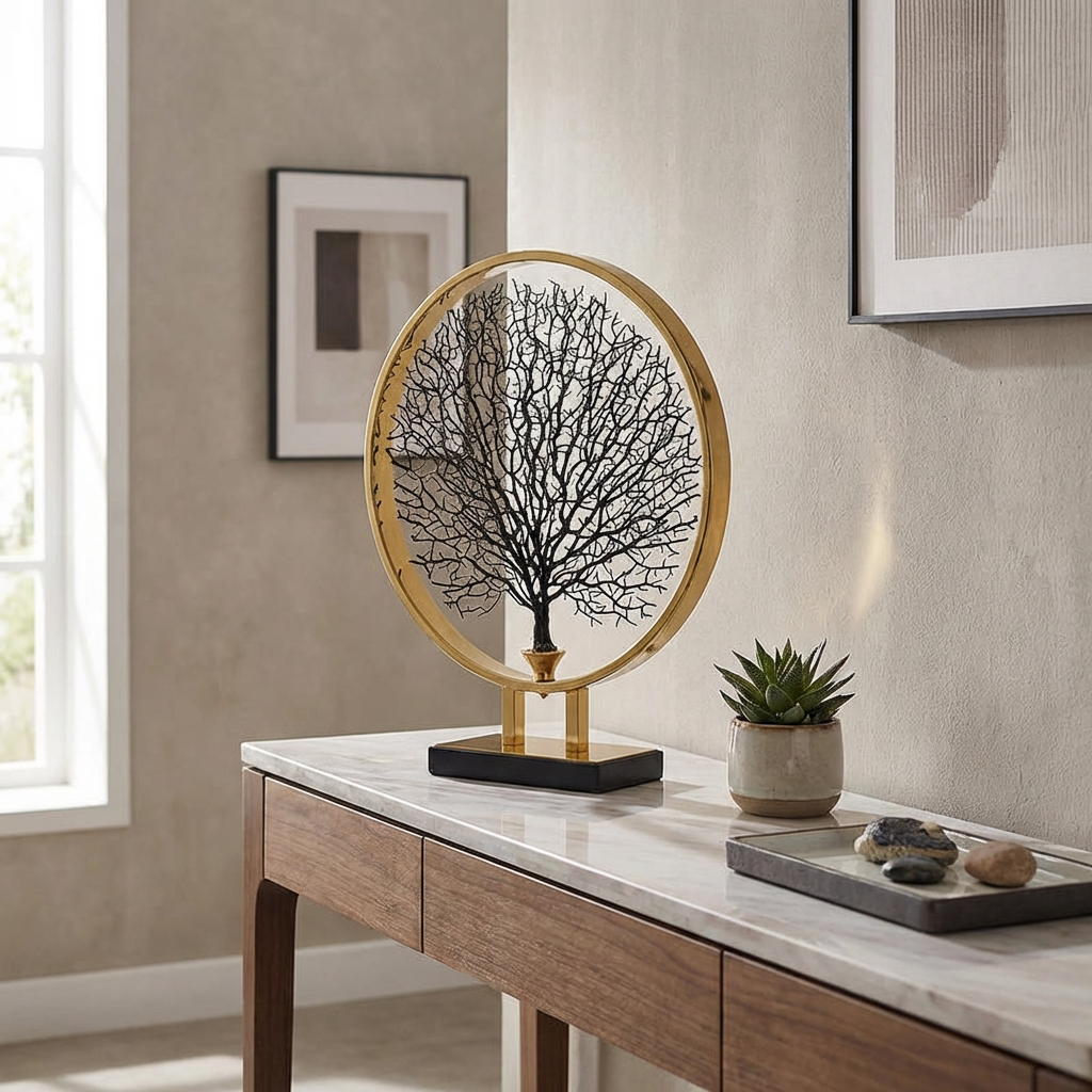 decorative coral sculpture in gold frame on console table