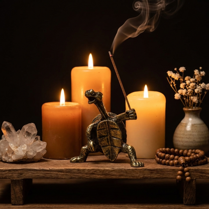 Turtle incense holders beside candles in warm ambient lighting