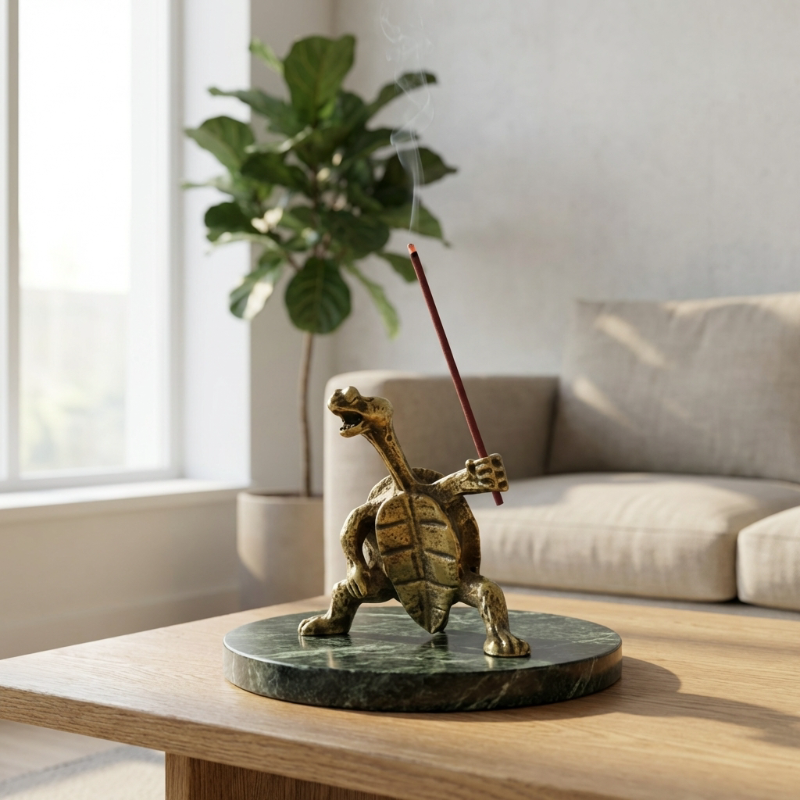 Brass turtle incense holder on tray in bright living room