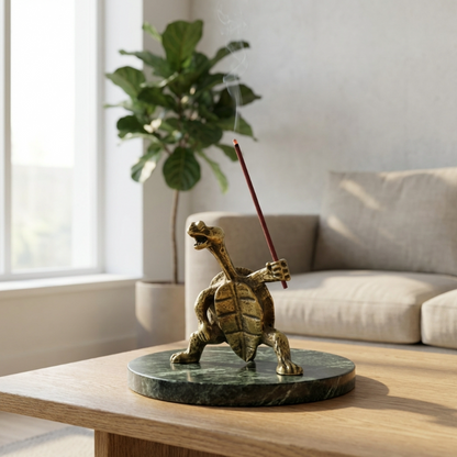 Brass turtle incense holder on tray in bright living room