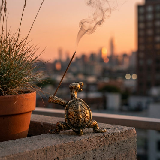 Bronze turtle incense holder on balcony at sunset