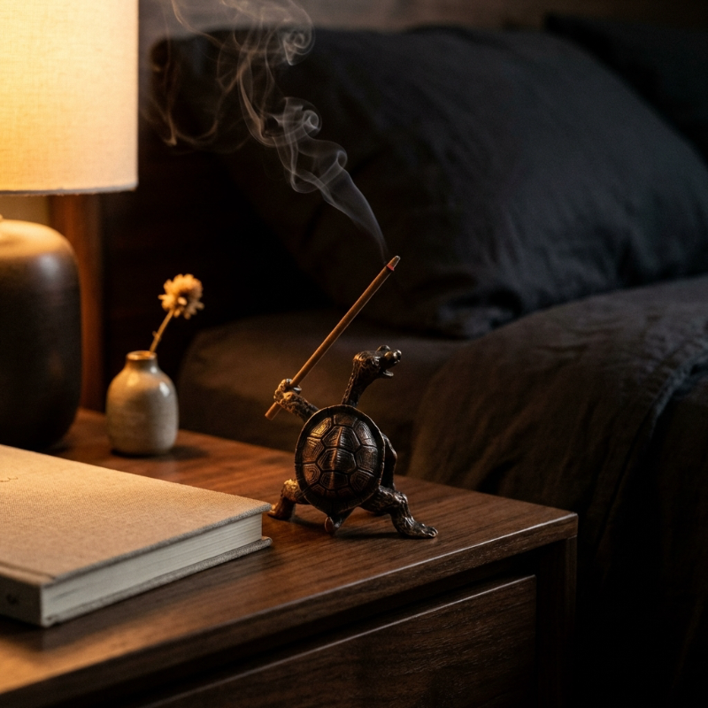 Bronze turtle incense holder on bedside table at night